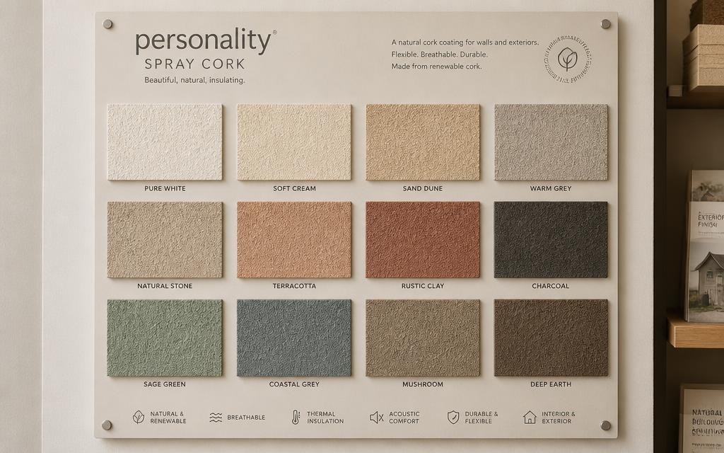 A spray cork colour palette display board with a grid of named cork-coating swatches in a showroom