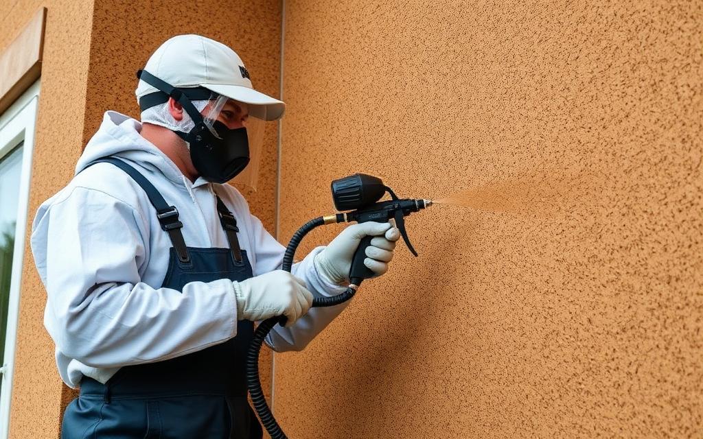 An installer applying spray cork to a house wall